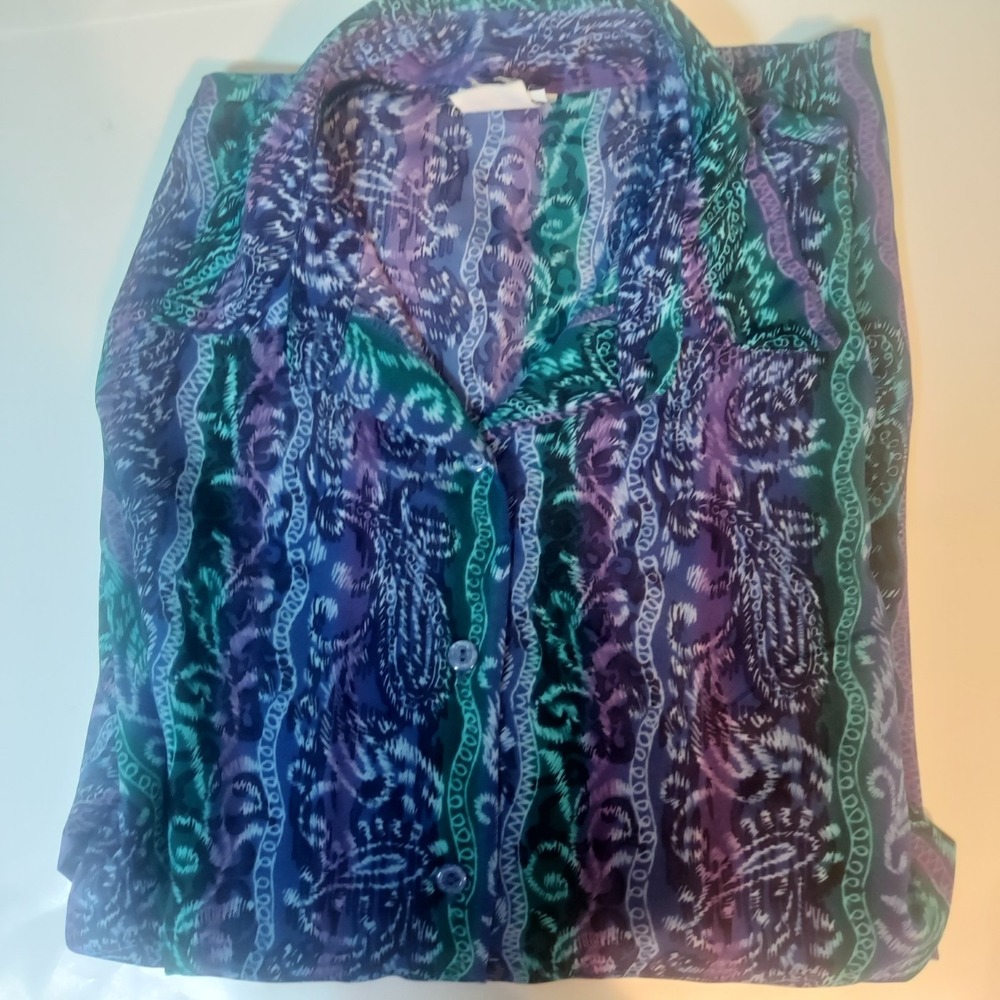 bon worth women top‎ 2xl Paisley Print Teal/purple Button Up 3/4 Sleeve